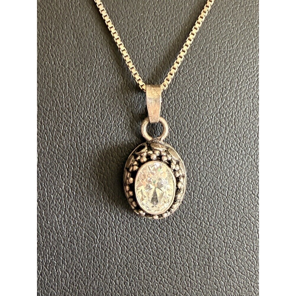 925 Sterling Silver Oval Clear Gemstone Pendant Necklace Vintage boho native